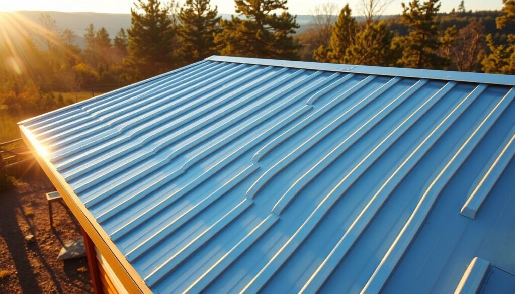 A gleaming metal roof stretches across a cozy, sun-dappled tiny home nestled in a serene, forested landscape. The corrugated steel panels reflect the warm, golden light, casting a soft glow over the tranquil scene. The roof's sleek, minimalist design seamlessly blends with the rustic, natural surroundings, creating a harmonious and efficient structure. Subtle shadows dance across the metal surface, adding depth and dimension to the image. The roof's lightweight yet durable construction symbolizes the practical, sustainable approach to tiny home design. A gleaming metal roof stretches across a cozy, sun-dappled tiny home nestled in a serene, forested landscape. The corrugated steel panels reflect the warm, golden light, casting a soft glow over the tranquil scene. The roof's sleek, minimalist design seamlessly blends with the rustic, natural surroundings, creating a harmonious and efficient structure. Subtle shadows dance across the metal surface, adding depth and dimension to the image. The roof's lightweight yet durable construction symbolizes the practical, sustainable approach to tiny home design.